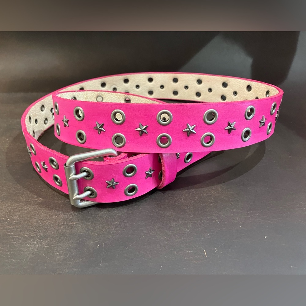 Pink Solid Full Grain Leather Star Stud Belt Eyelets Double Hole